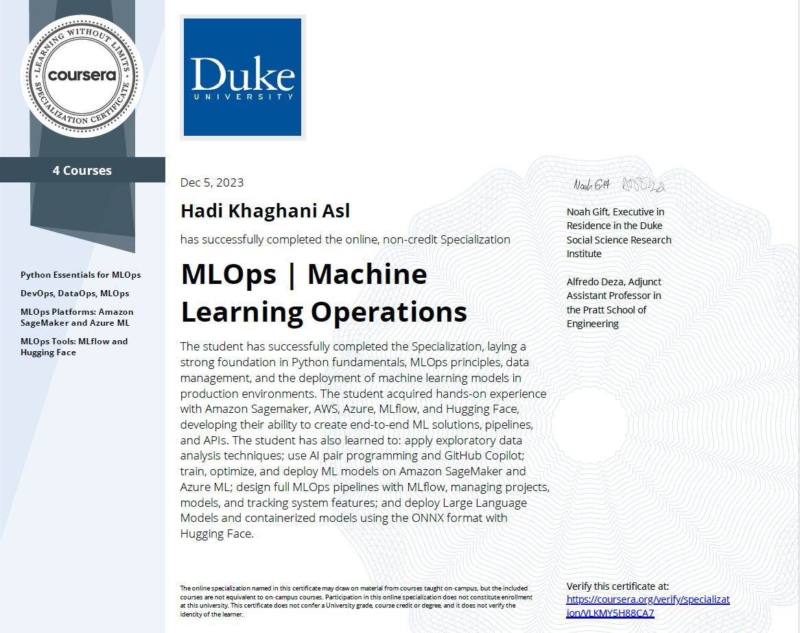 MLOps | Machine Learning Operations Specialization - Duke University - Hadi Khaghani Asl