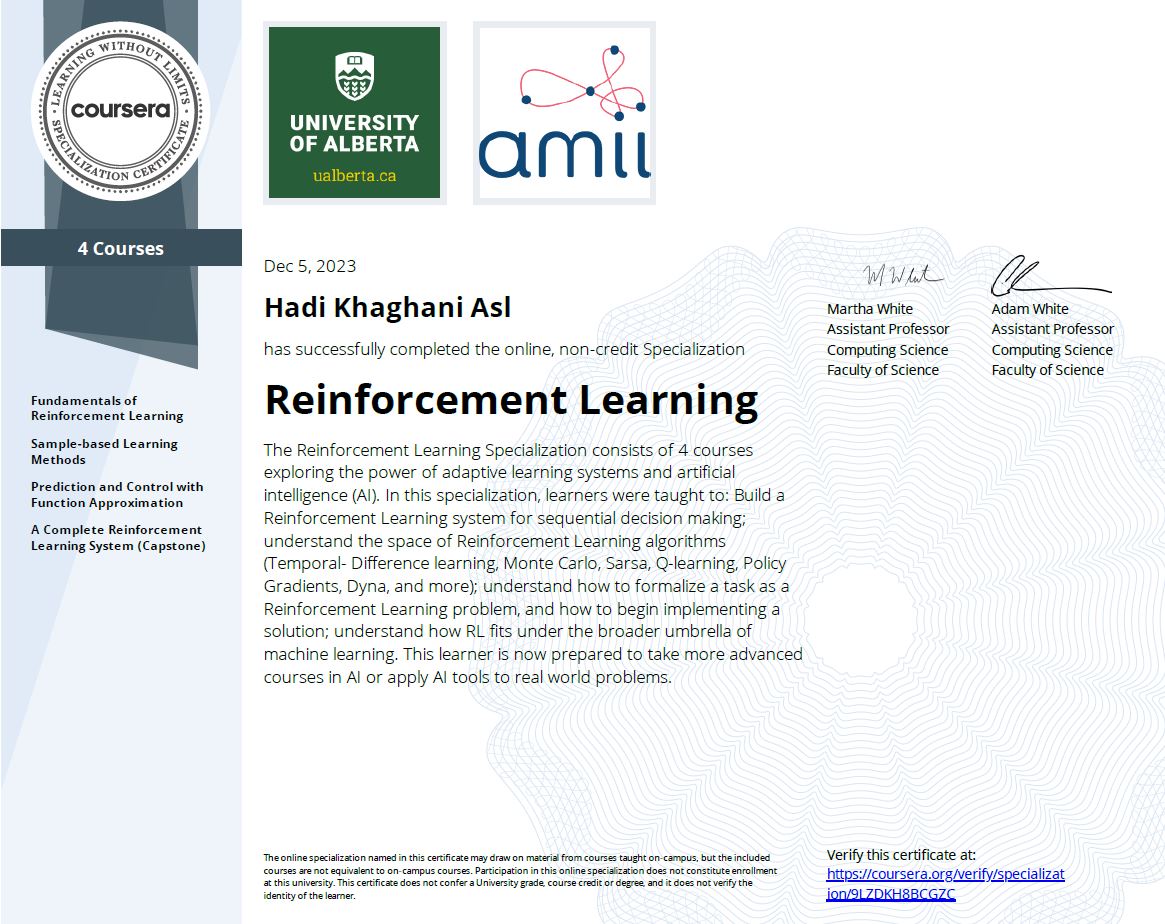 The Reinforcement Learning Specialization - University of Alberta - Hadi Khaghani Asl